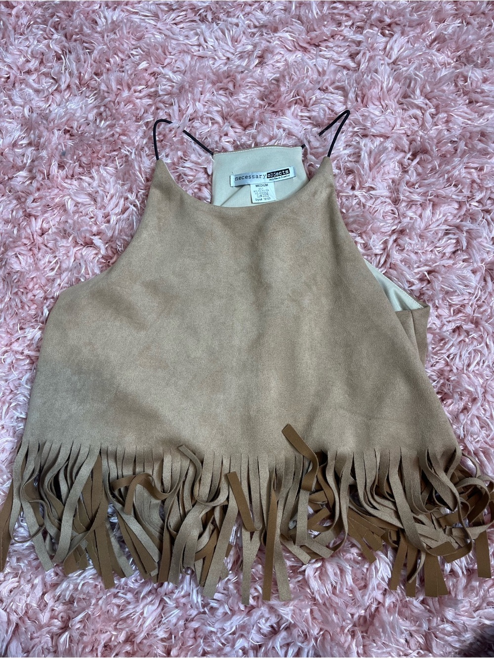 Necessary Objects Tan Suede Fringe Crop Top